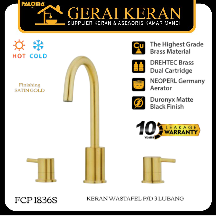 PALOMA FCP 1836S Keran Wastafel Air Panas Dingin Kran Cuci Tangan 3 Lubang Brass Satin Gold Emas