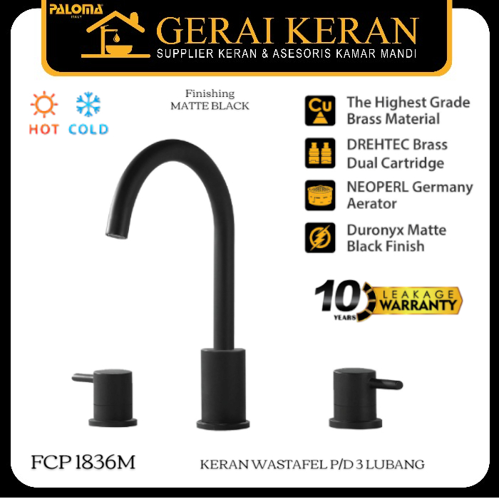PALOMA FCP 1836M Keran Wastafel Air Panas Dingin Kran Cuci Tangan 3 Lubang Brass Matte Black Hitam
