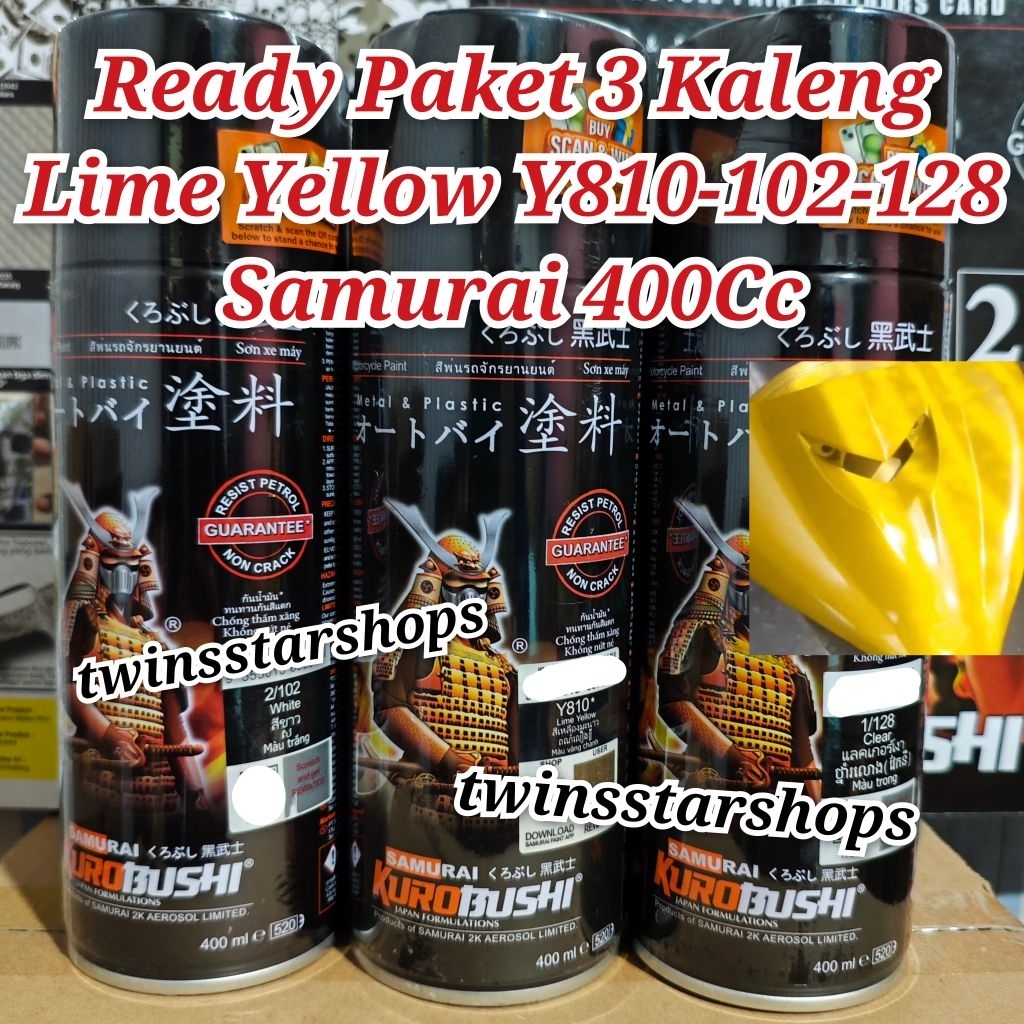 Pilok Pylox Cat Samurai Paket 3 Kaleng Lime Yellow Y810 Kuning Metalik 810 White 102 Putih Clear 128