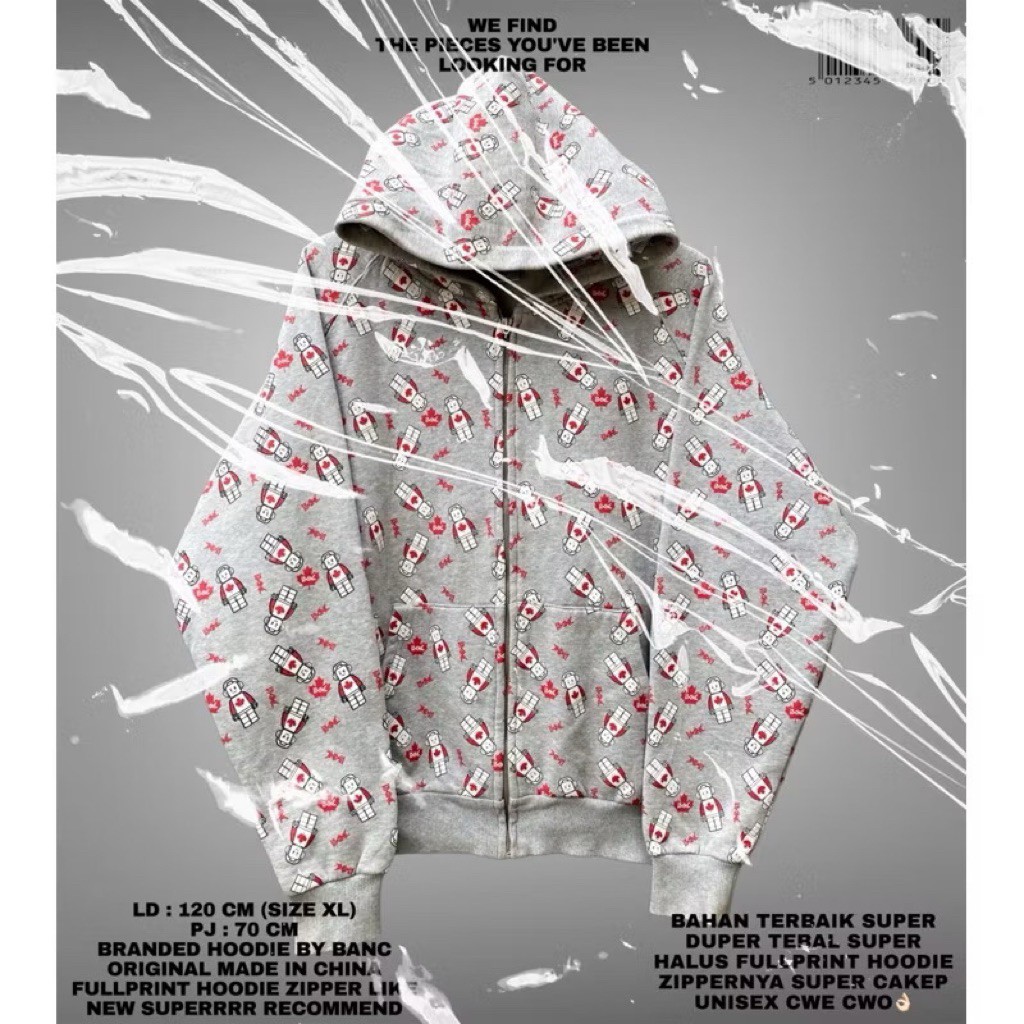 BANC HOODIE ZIPPER OVERSIZE FULL PRINTING UNISEX KOREAN LOOK/HOODIE ZIPPER BOXY GREY FULL PRINTING B