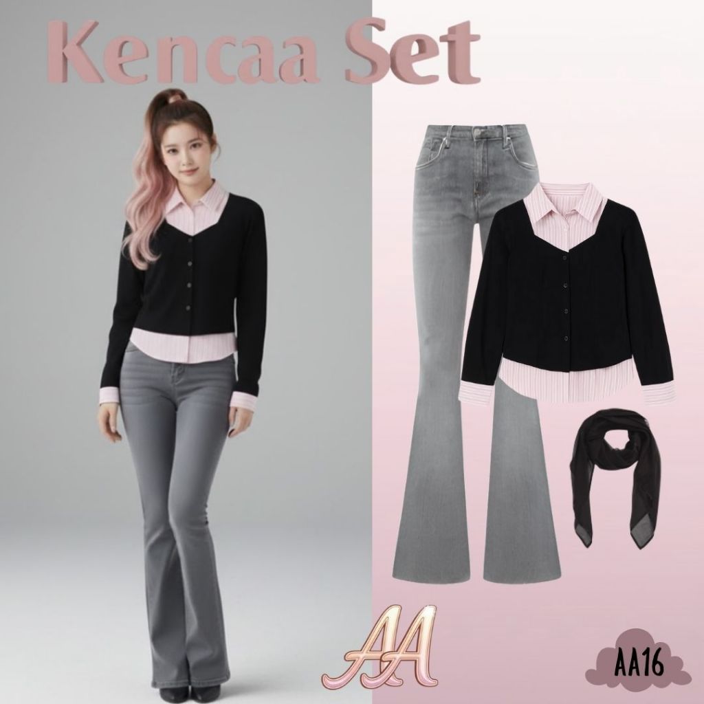 Kencaa Set - (Hijab, Cardi Kemeja, Celana Jeans) Outfit Kombinasi Stripe Korean Style Terbaru |AA16