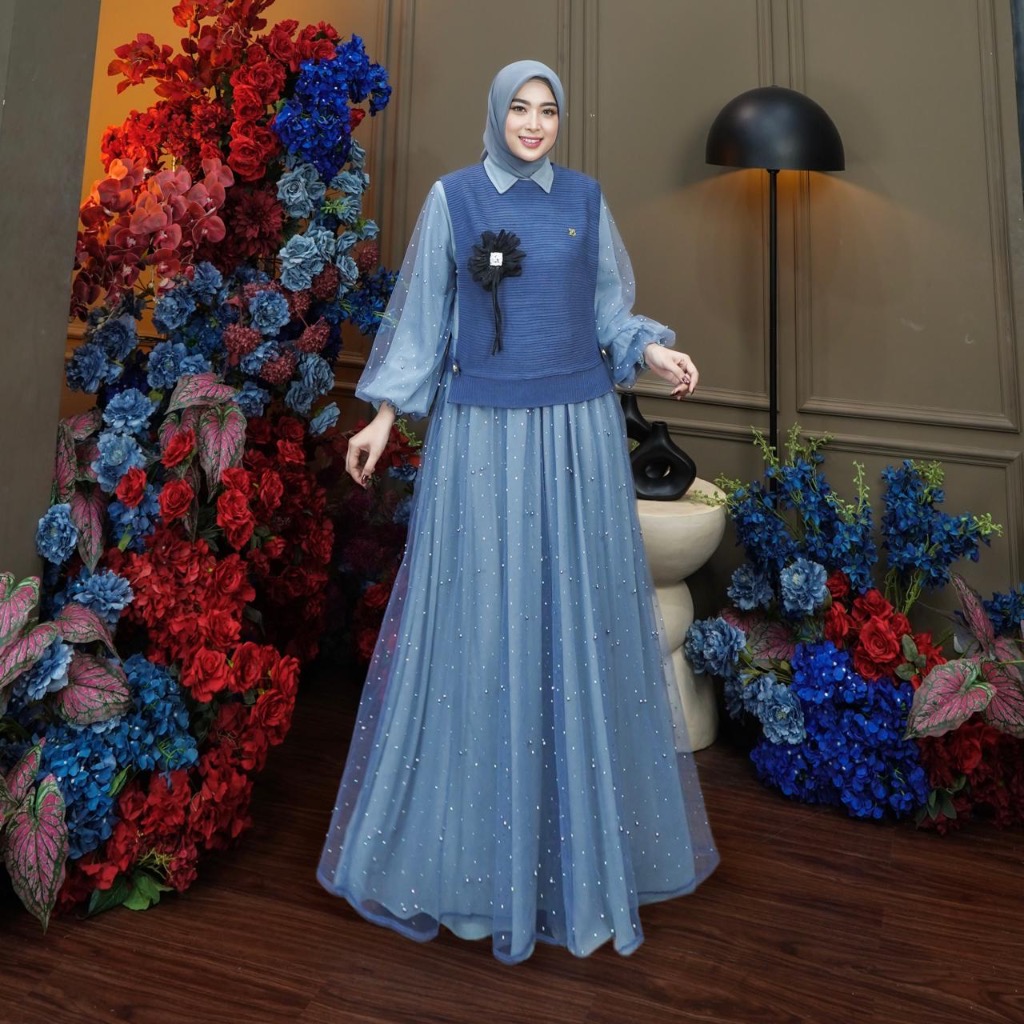 Dumma.id - One Set Pakaian Wanita Ayunda Set Outer Ceruty Babydoll Mix Tille Mutiara + Outer Rajut A