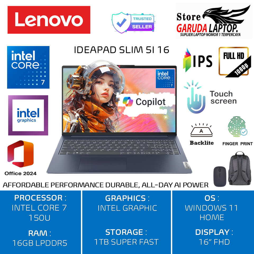 Laptop Baru Lenovo Ideapad Slim 5i 16 Intel Core 7 150U Ram 16GB DDR5 2TB ssd Wuxga IPS Touchscreen