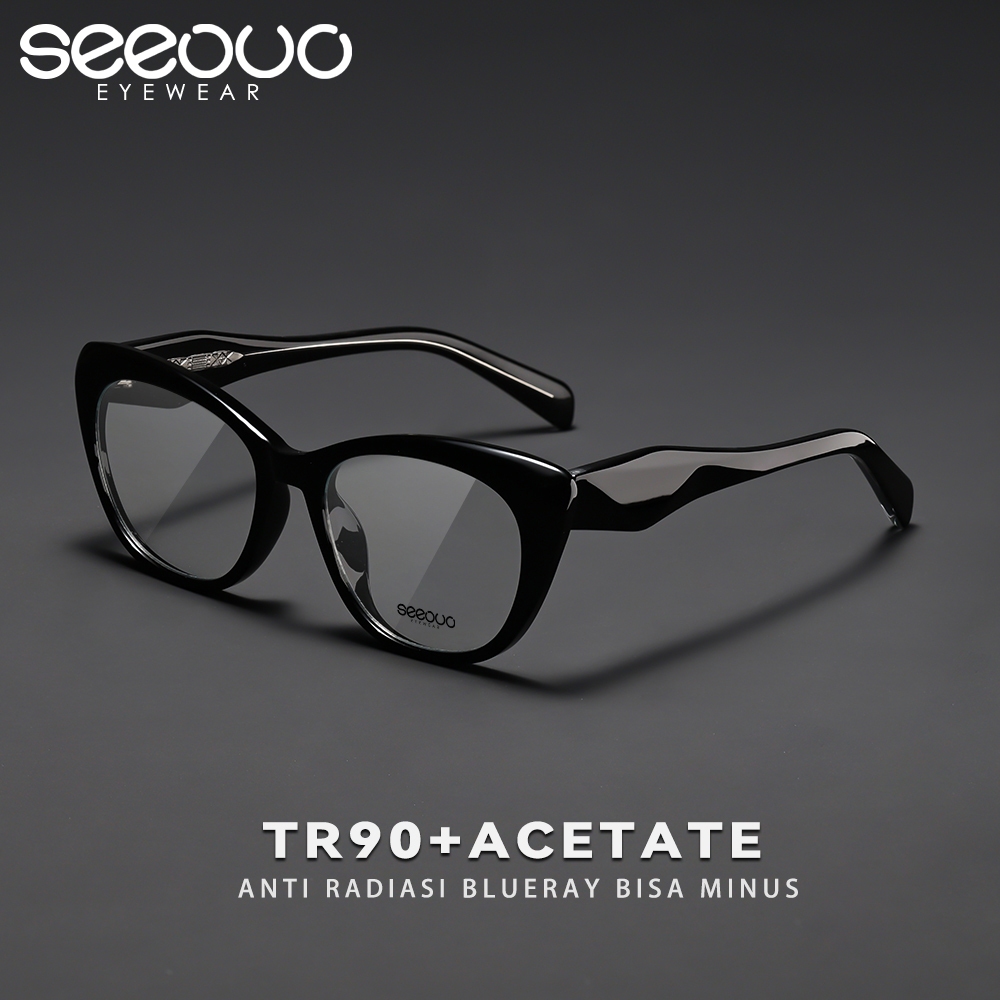Seeouo Kacamata Antiradiasi Blueray Cat Eye Frame Bold Asian Fit Acetate+TR90 Wanita Bisa Minus Phot