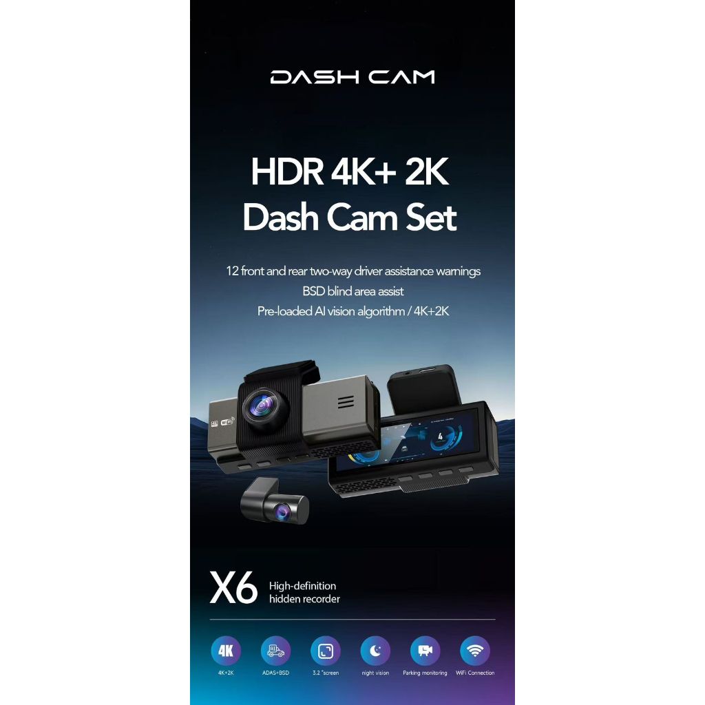 4K + 2K Dual Dash Cam Set with ADAS & BSD — High-Definition Hidden Recorder