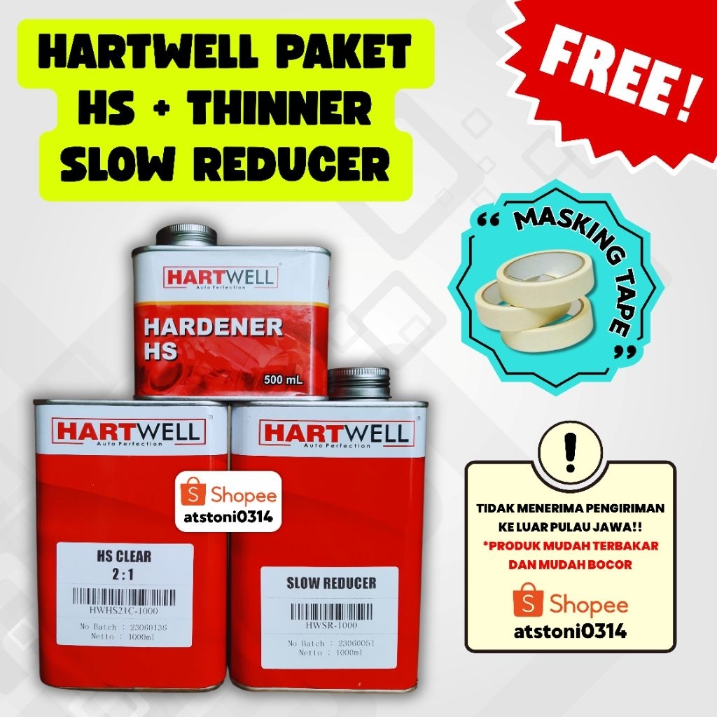 Hartwell Paket Clear Coating HS CLEAR 2.1 + Thinner SLOW Reducer GRATIS MASKING TAPE - Perawatan cat