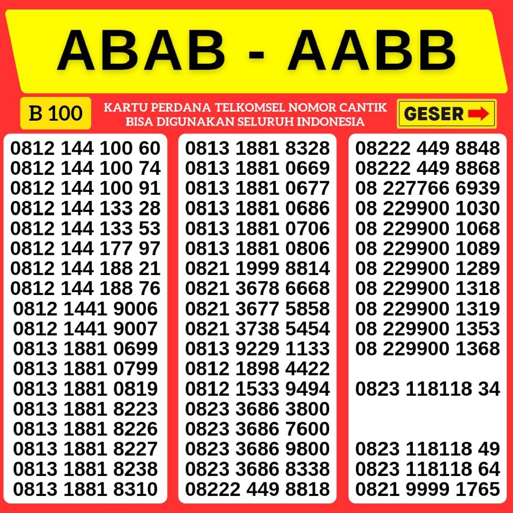 Kartu Perdana Nomor Cantik Telkomsel ABAB-AABB Triple Nomor Cantik Simpati Triple Kwarted Panca Supp