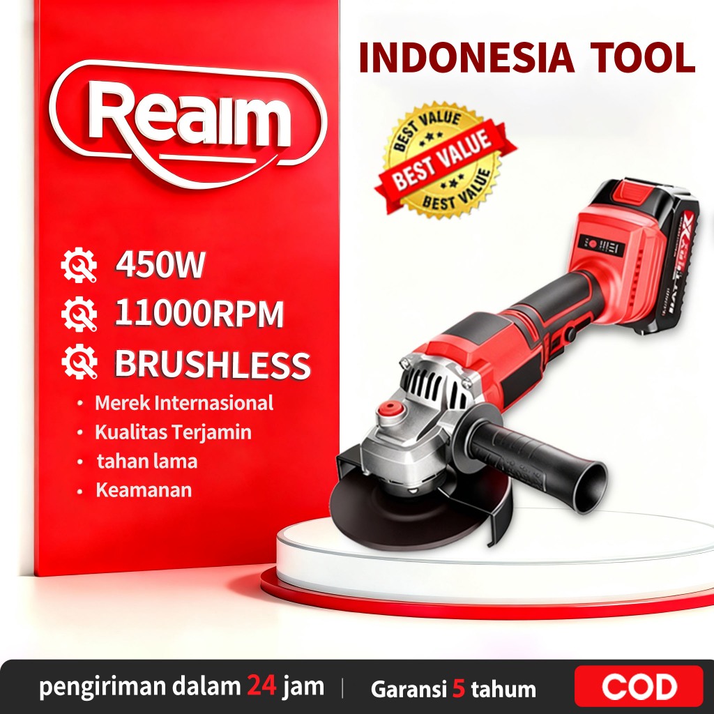 Reaim Brushless 450W Gerinda Baterai 4Inch Mesin Gerinda Baterai Tangan Cordless Angle Grinder Mesin