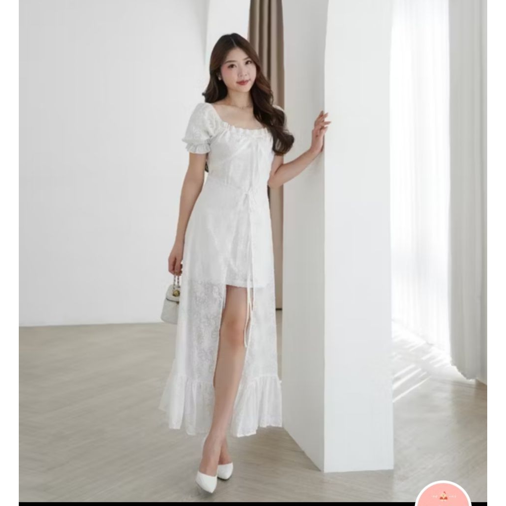 DRESS PUTIH MOTIF FLORAL BUNGA SUMMER GAUN MUSIM PANAS SABRINA BAWAHAN MODEL LAYER IKAT SPAN ROK PEN