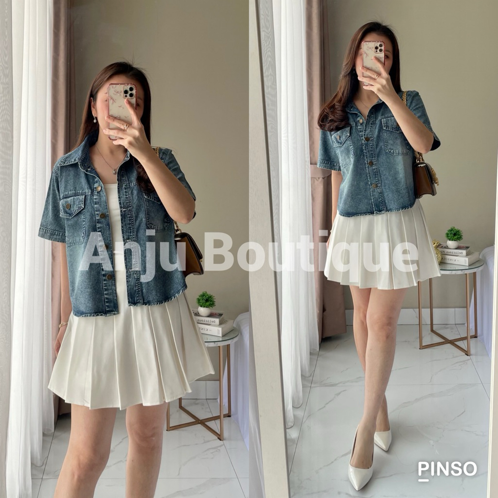 Atasan Denim Wanita | Kemeja Denim Crop Wanita | Kemeja Denim Lengan Pendek Wanita | CARLOS Denim Sh