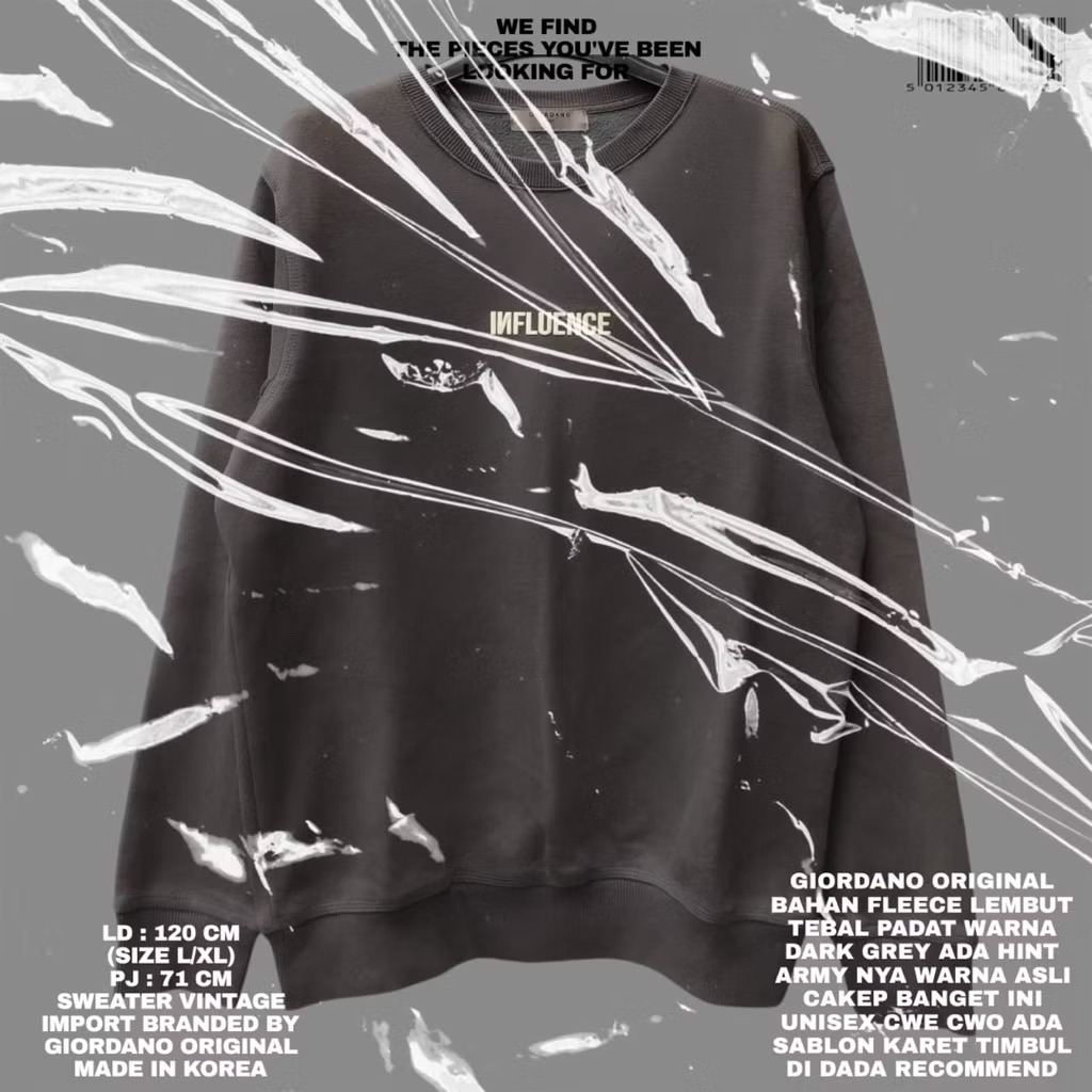 GIORDANO SWEATER CREWNECK UNISEX KOREAN LOOK/GREY WASHED DARK GREY SWEATER KOREAN STYLE/GIORDANO TEB