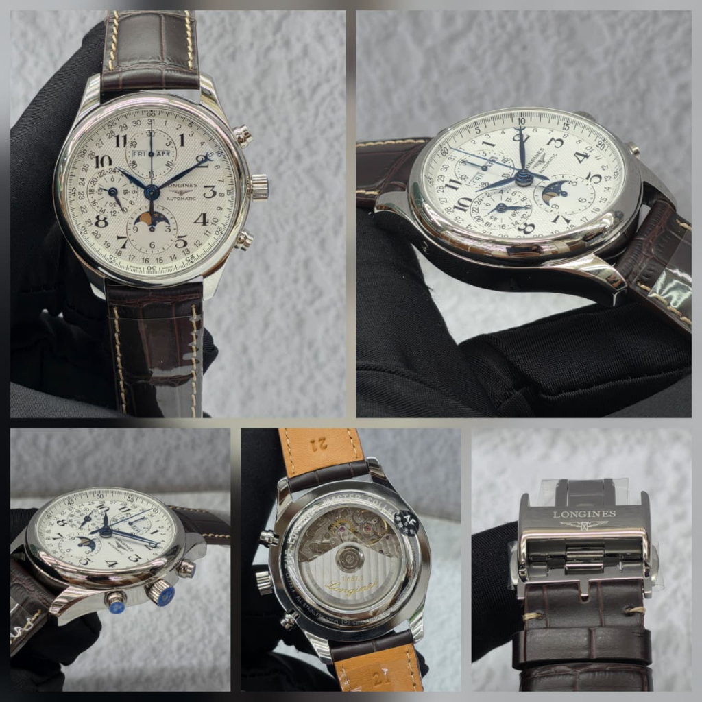 lcLongines Master Swiss AF Automatic Movement 42mm Strap Kulit Chronograph Brown White Dial