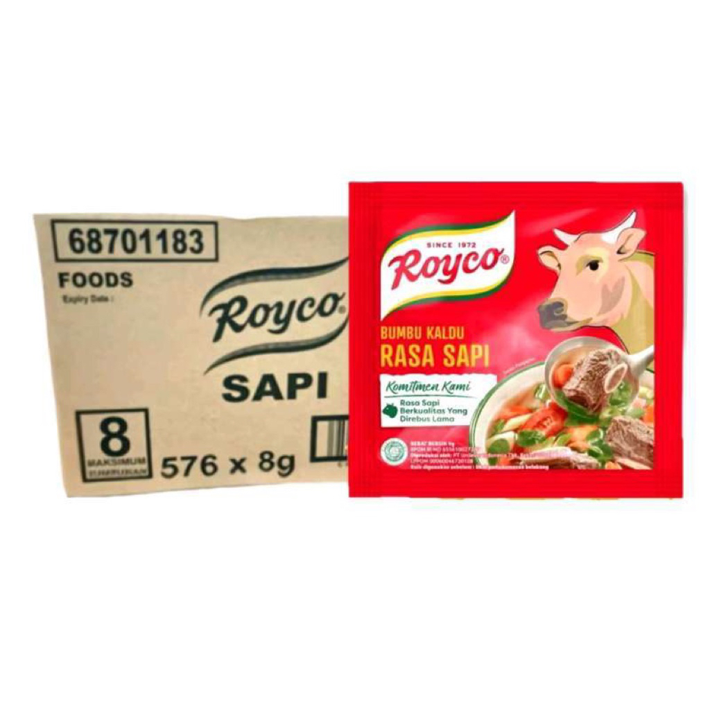 Bumbu Penyedap Royco 8gr Ayam/Sapi per dus ( 1 dus isi 576 pcs )