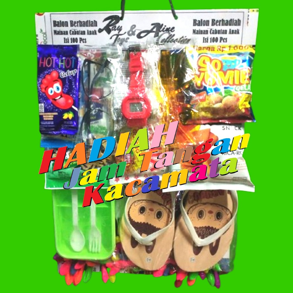 Pasangan Lotre Jajan Berhadiah Sandal Jam Kacamata Tempat Makan Isi 100 Balon