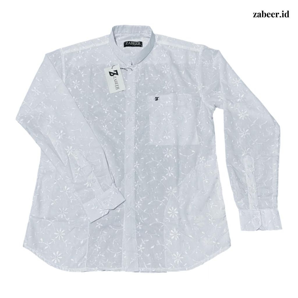 ZABEER Kemeja Koko Pria Brukat Putih- Paris