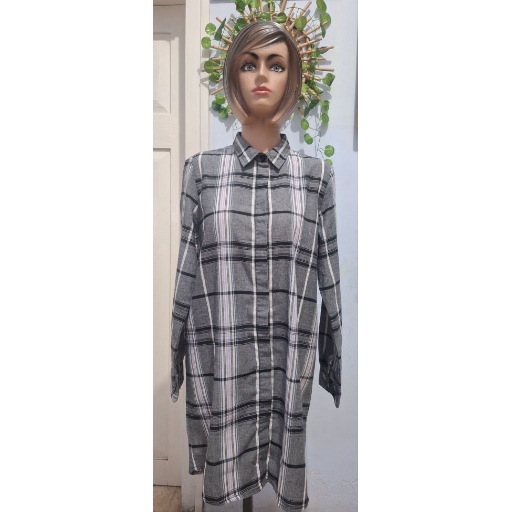 blouse tunik tartan kombinasi abu hitam putih biru ungu /atasan kemeja triset kotak kancing size dew