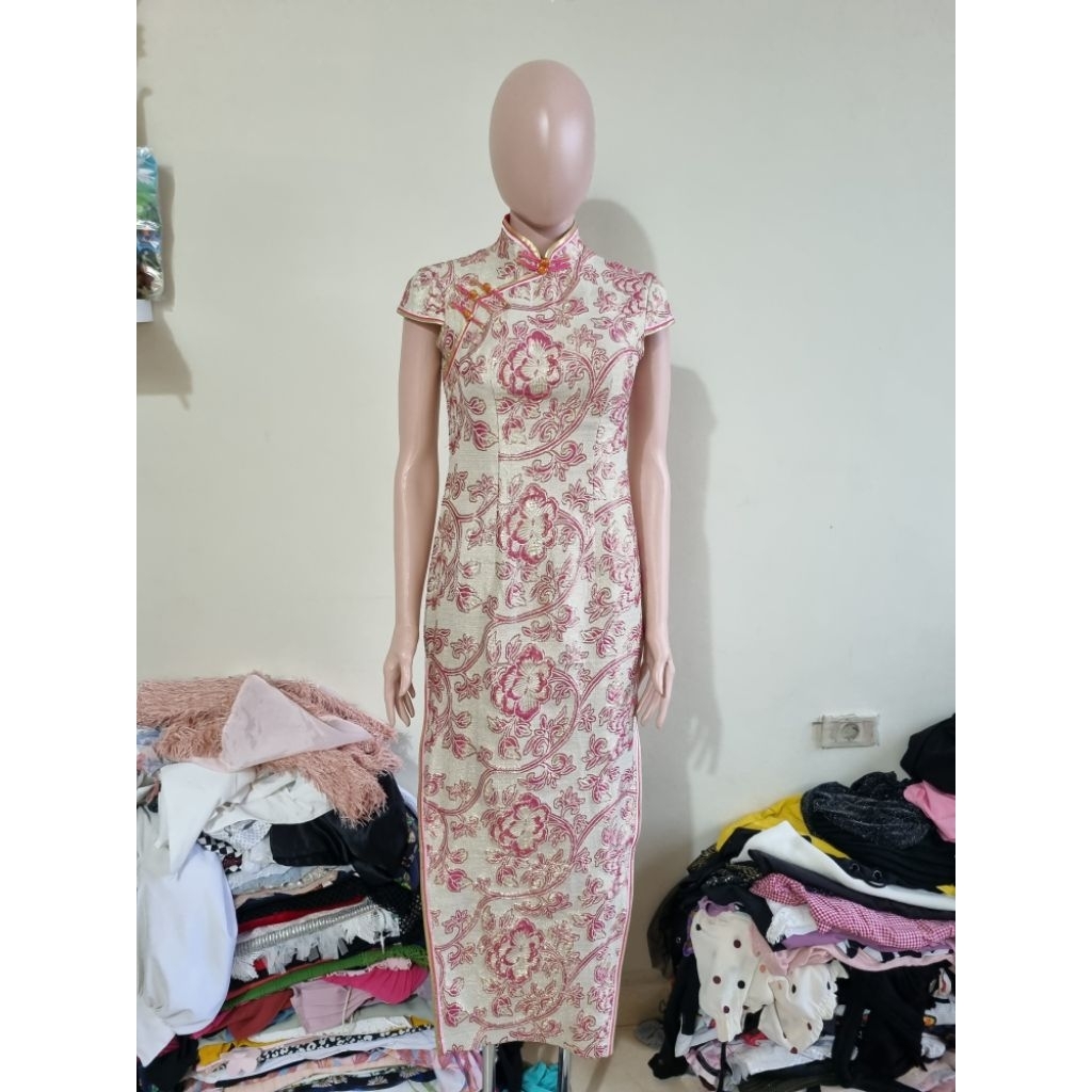 dress cheongsam qipao jaquard gold pink