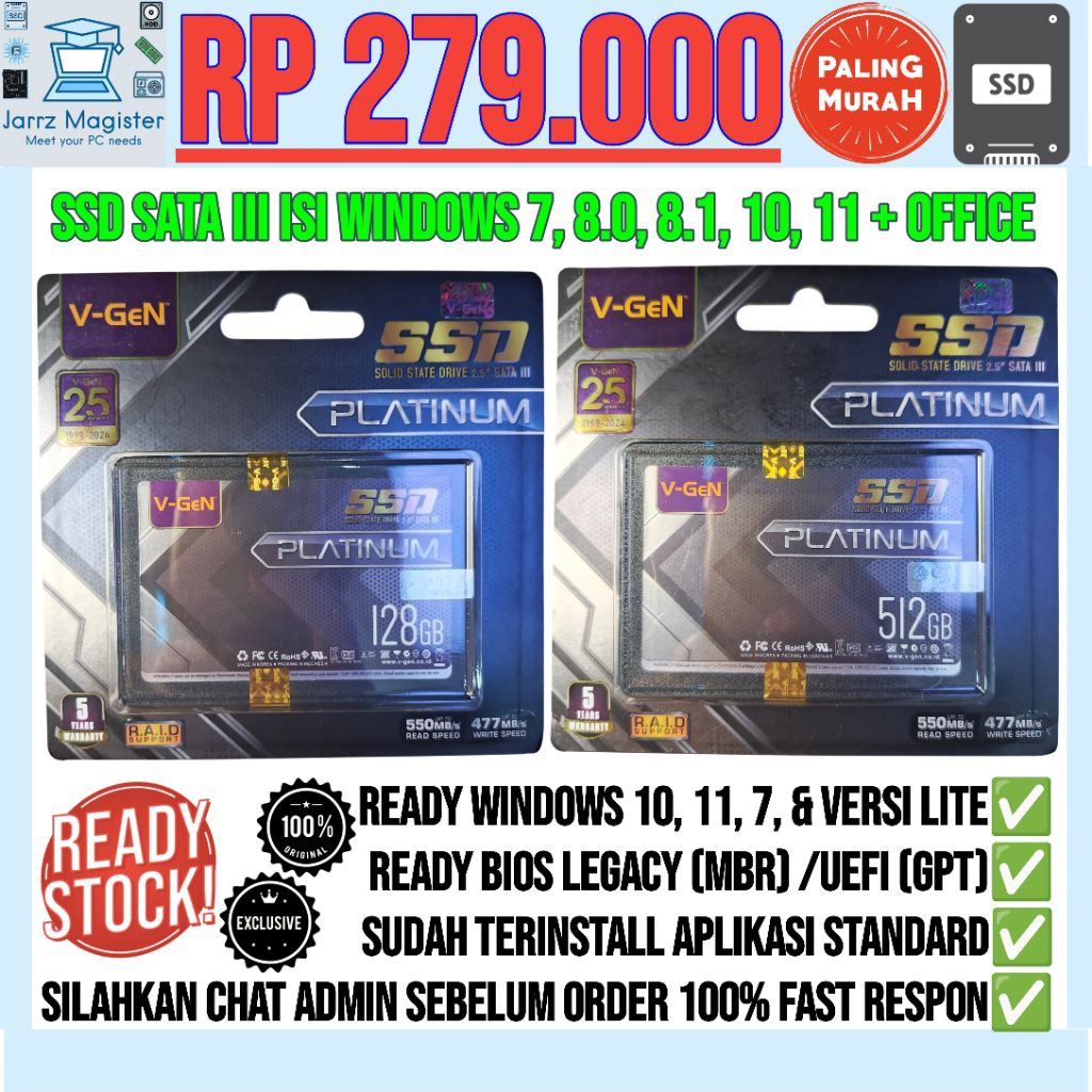 SSD Siap Pakai Isi Windows 10 11 8.1 8.0 7 + Office Apk Std | 128GB 256GB 512GB SATA III