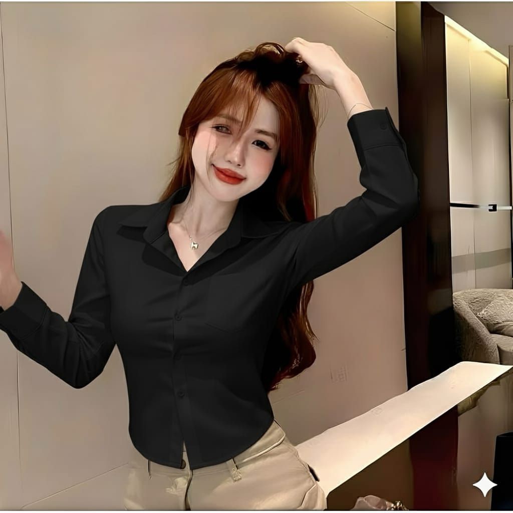 Crop top kemeja cewek lengan panjang atasan slim fit Korean style putih hitam kekinian