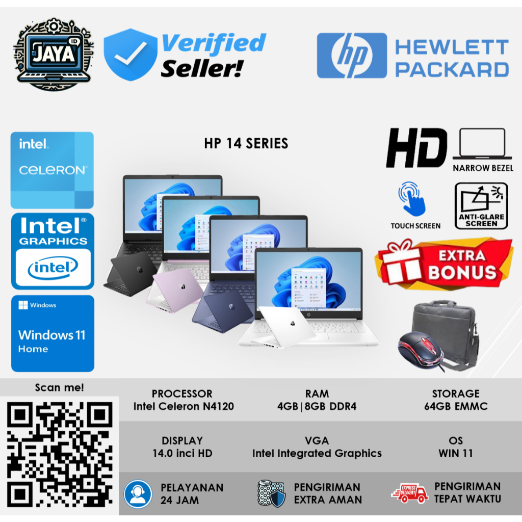 Laptop Murah HP 14 Intel N4120 Ram 8GB 64GB EMMC TOUCHSCREEN + BUNDLING FLASHDISK