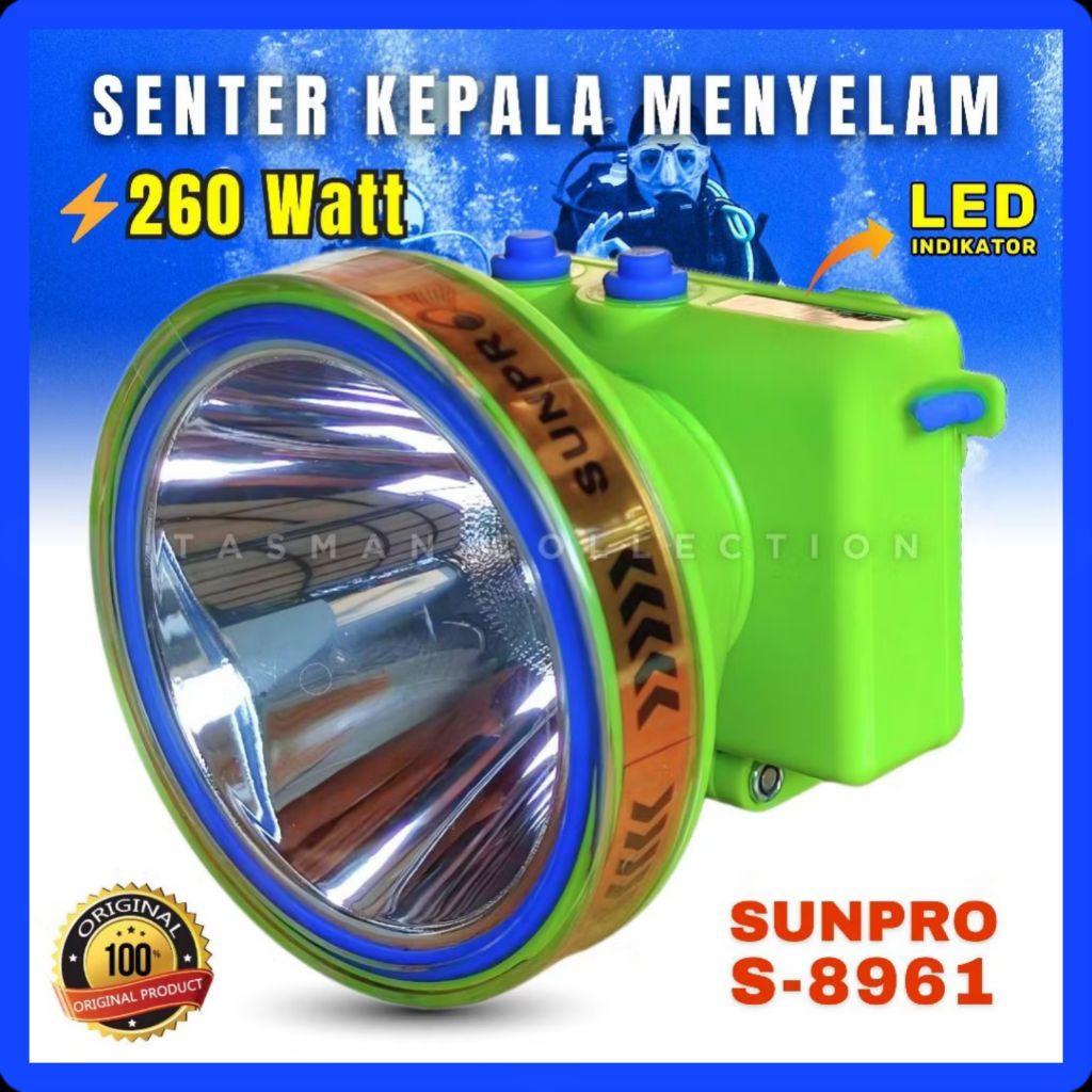 Senter Kepala Menyelam Terbaik 260 Watt SUNPRO S-8961 Headlamp Tahan Air Cas Ulang Original