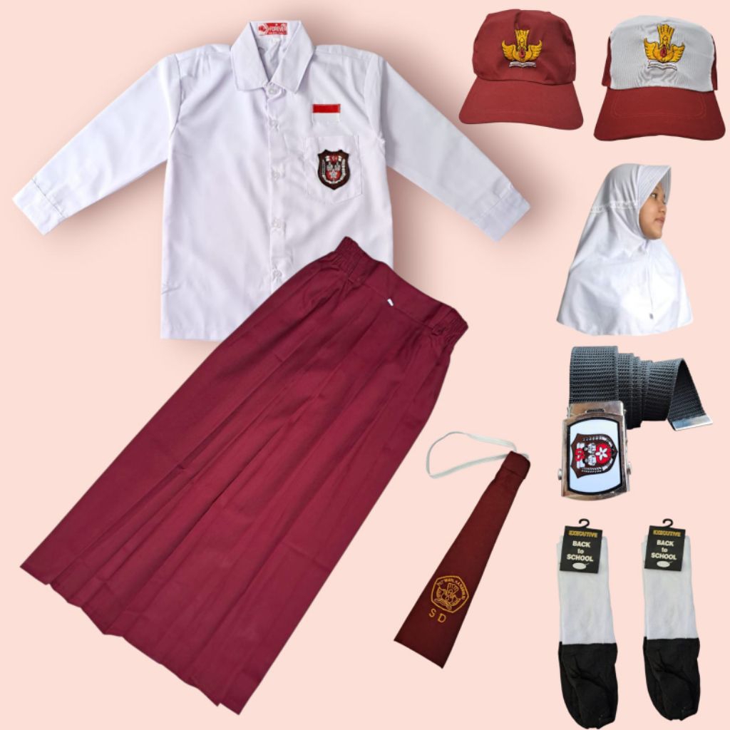 Seragam Sekolah Anak SD Perempuan Baju Putih Panjang Rok Merah
