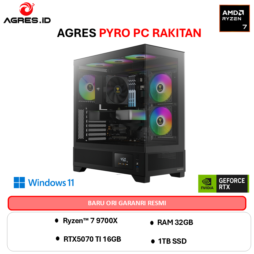 AGRES PYRO PC RYZEN 7 9700X RTX 5070 TI 16GB - RAM 32GB 1TB WIFI + BT RAKITAN PC GAMING