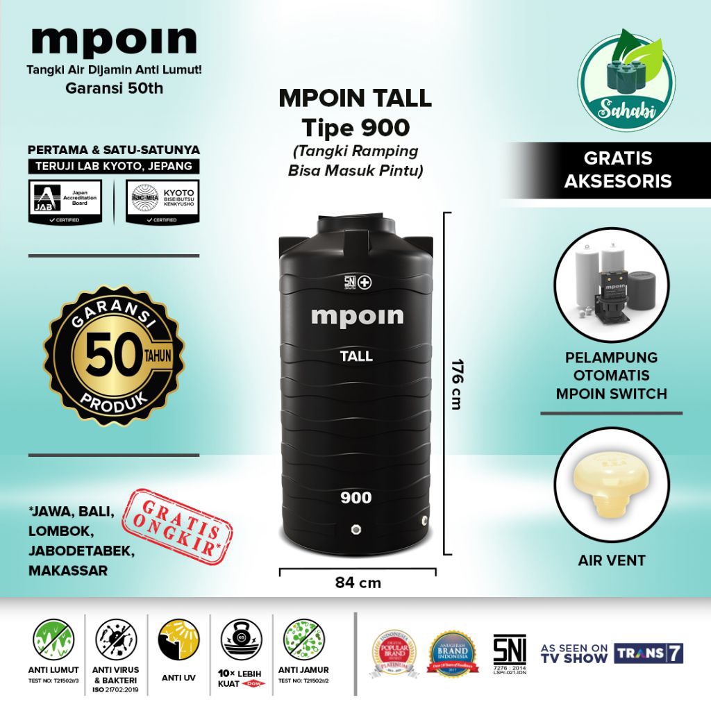 Tandon Air/Toren Air/Tangki Air Mpoin Tall 900 Liter