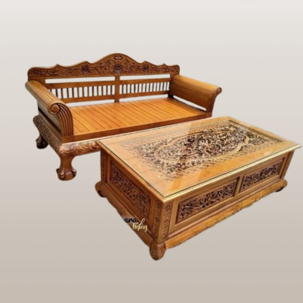 bangku bale bale jati jumbo ukir plus meja kopi jati , bale bale jati , meja kopi ukiran , meja tamu