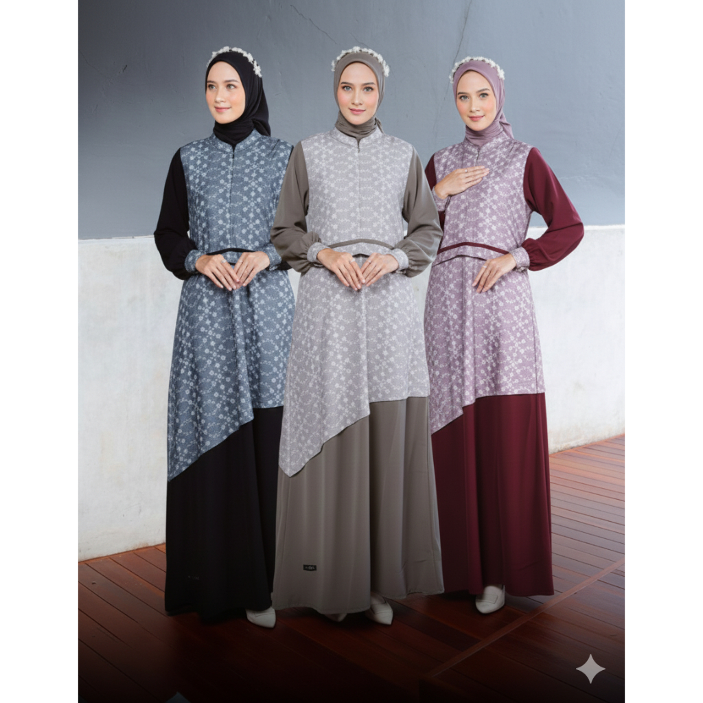 GAMIS RAIZA DRESS BY LUBI ORIGINAL OUTFIT WANITA DEWASA KOMBINASI POLOS & MOTIF ASIMETRIS MODERN ELE