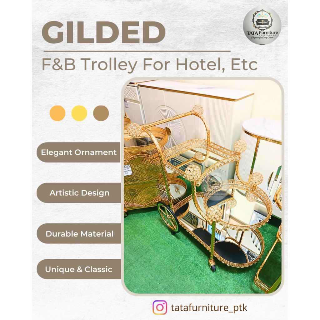 Troli Sultan Emas Bercorak, Kristal | Troli Kafe/Tempat Makan/Hotel | Troli Dekorasi Untuk Kue-kuean