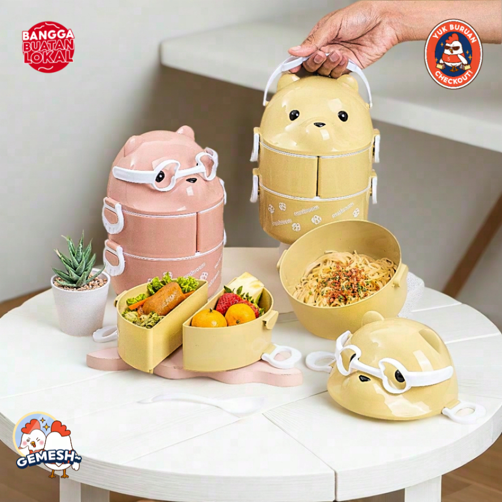 Rantang Beruang Sekat Susun bonus Sendok Makan Plastik / Lunch Box Bekal Anak Sekat Susun 3 4
