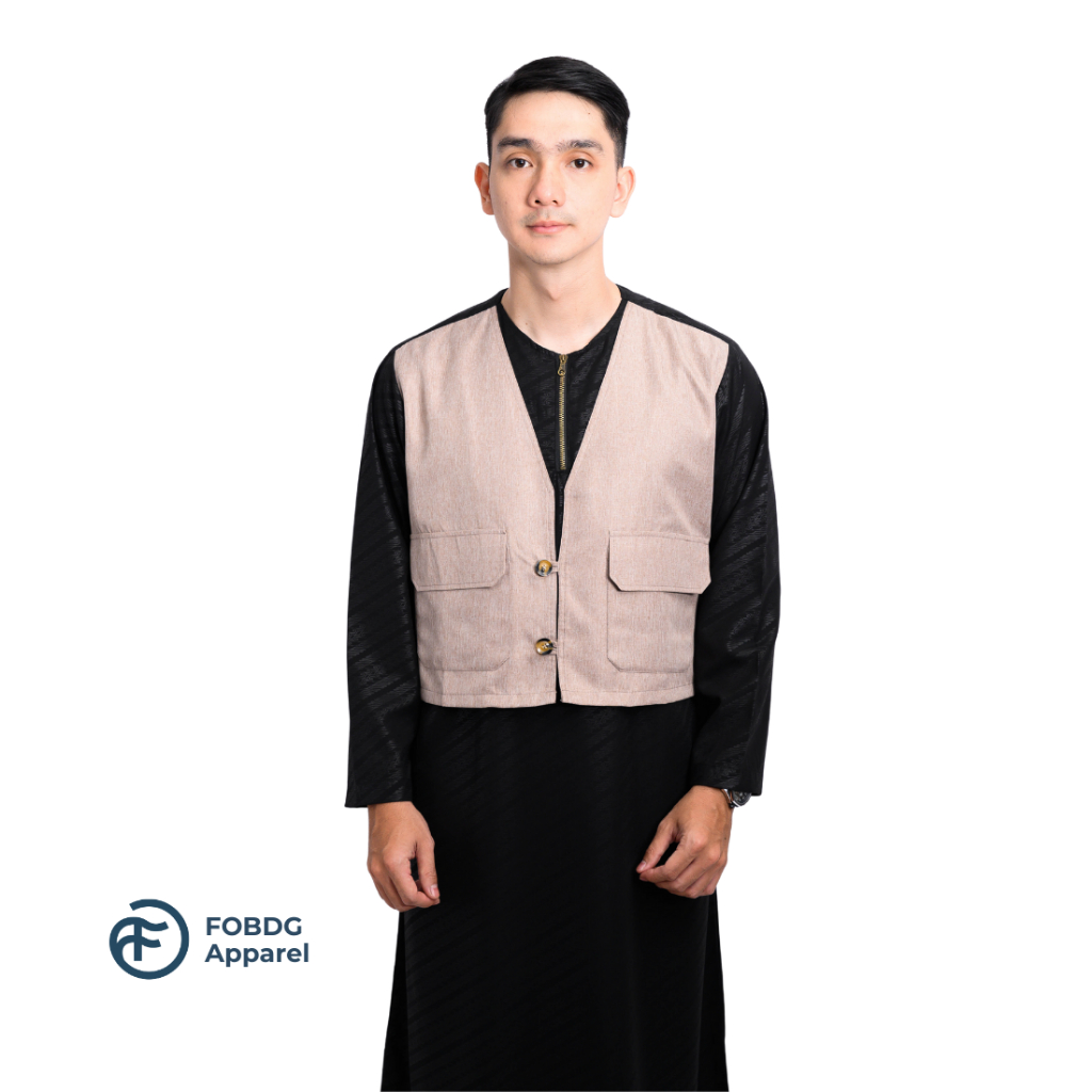 FOBDG Gamis Rompi Bungur Pria Menyatu Rompi dan gamis one set Bahan Wolfis embos