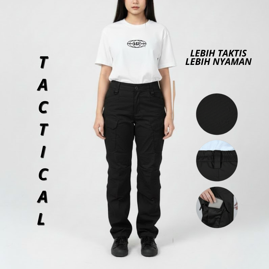 HPR Celana Tactical Wanita Cargo Pdl Multifungsi Hitam Krem