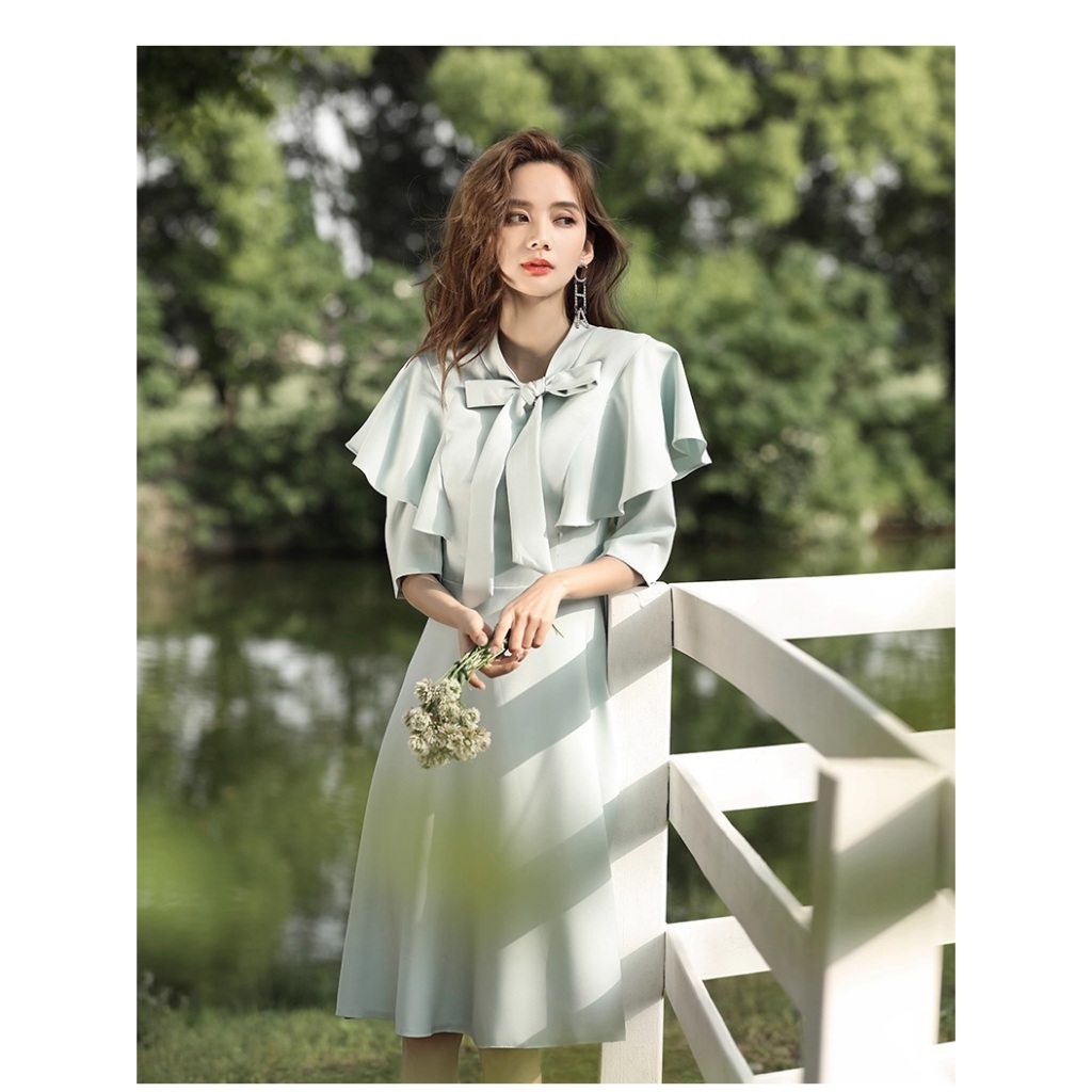 Gaun Pesta 2512002 Hijau Sage Leher Pita Lengan Siku Party Dress