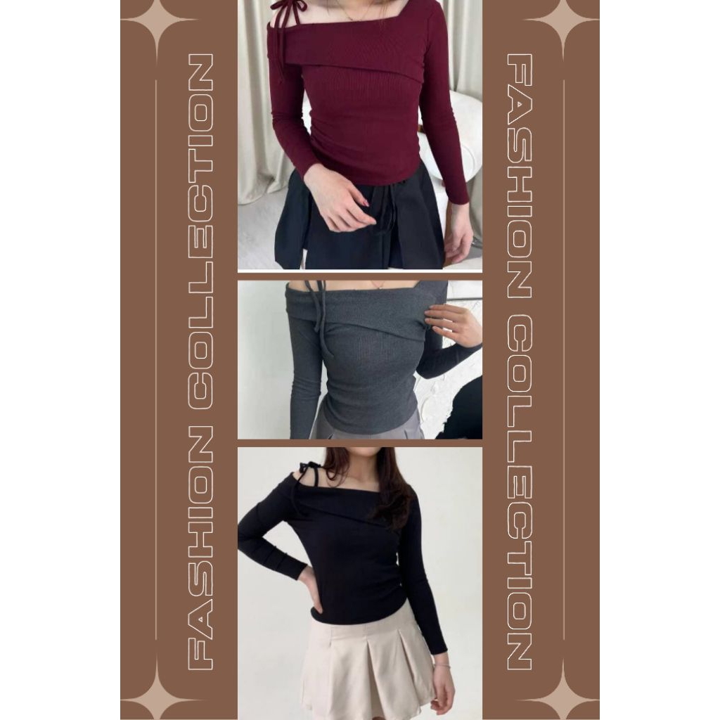 Sabrina Rib Knit Top | Atasan Wanita Lengan panjang | Basic Shorts Sleeve Korean style