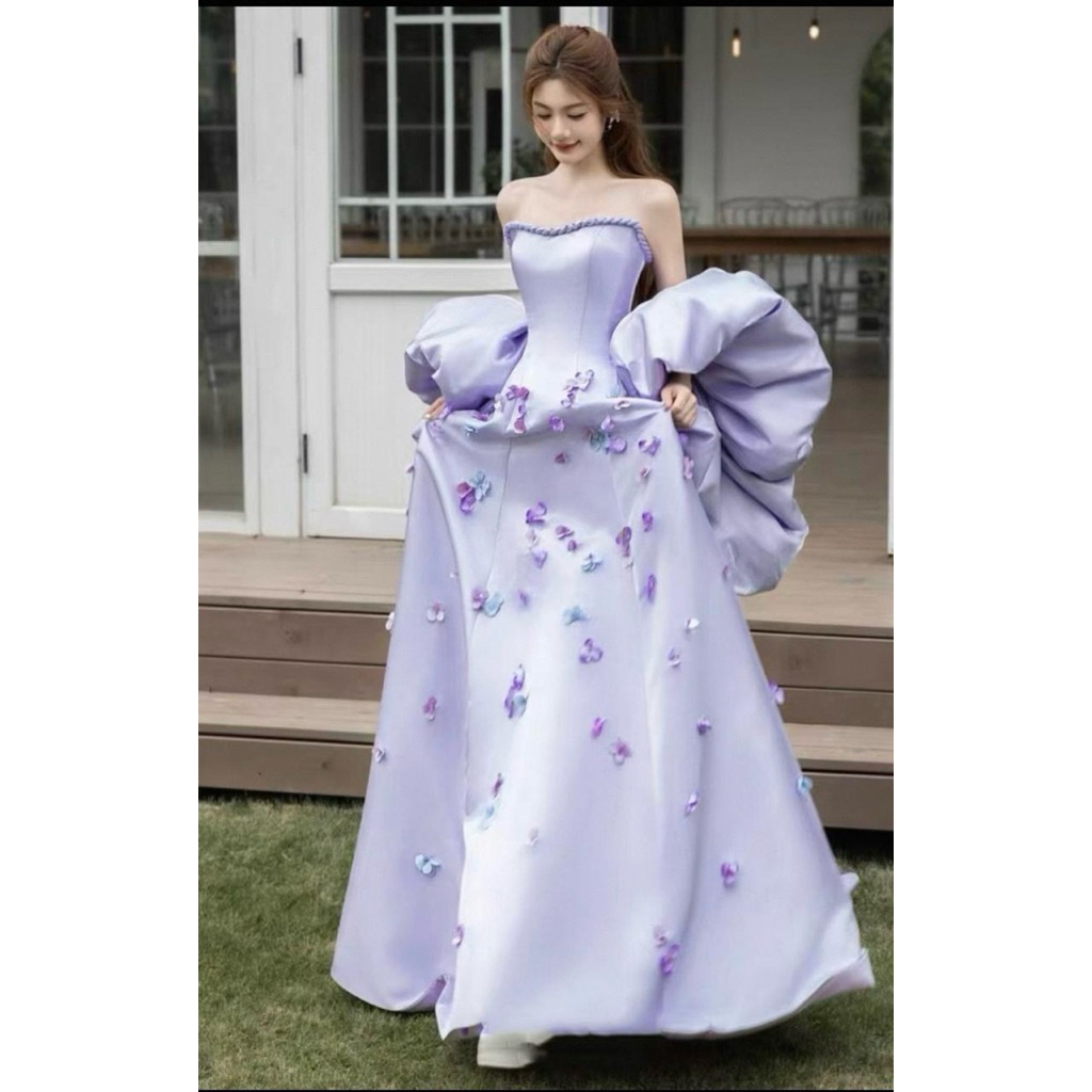 gaun pesta lilac elegan/gaun anggun korea style/gaun preweeding