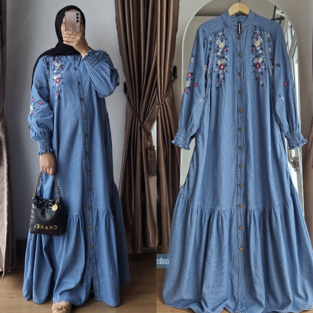 Sabrina Dress Jeans | Nesya Gamis jeans | Gamis jeans bordir |Abaya Jeans | gamis murah | gamis bord