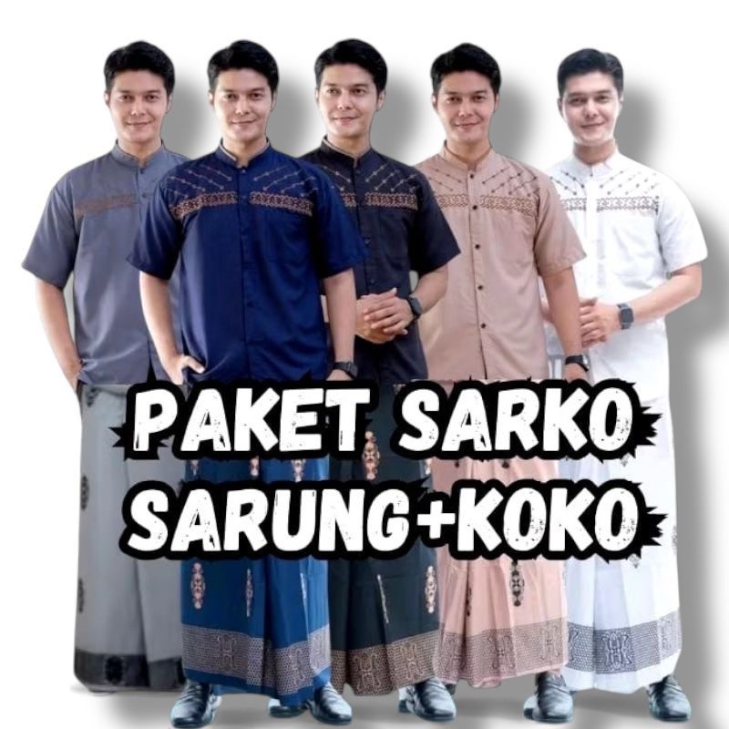 Paket SARKO Sarung dan Baju Koko Pria Dewasa Motif Bordir Lengan Pendek