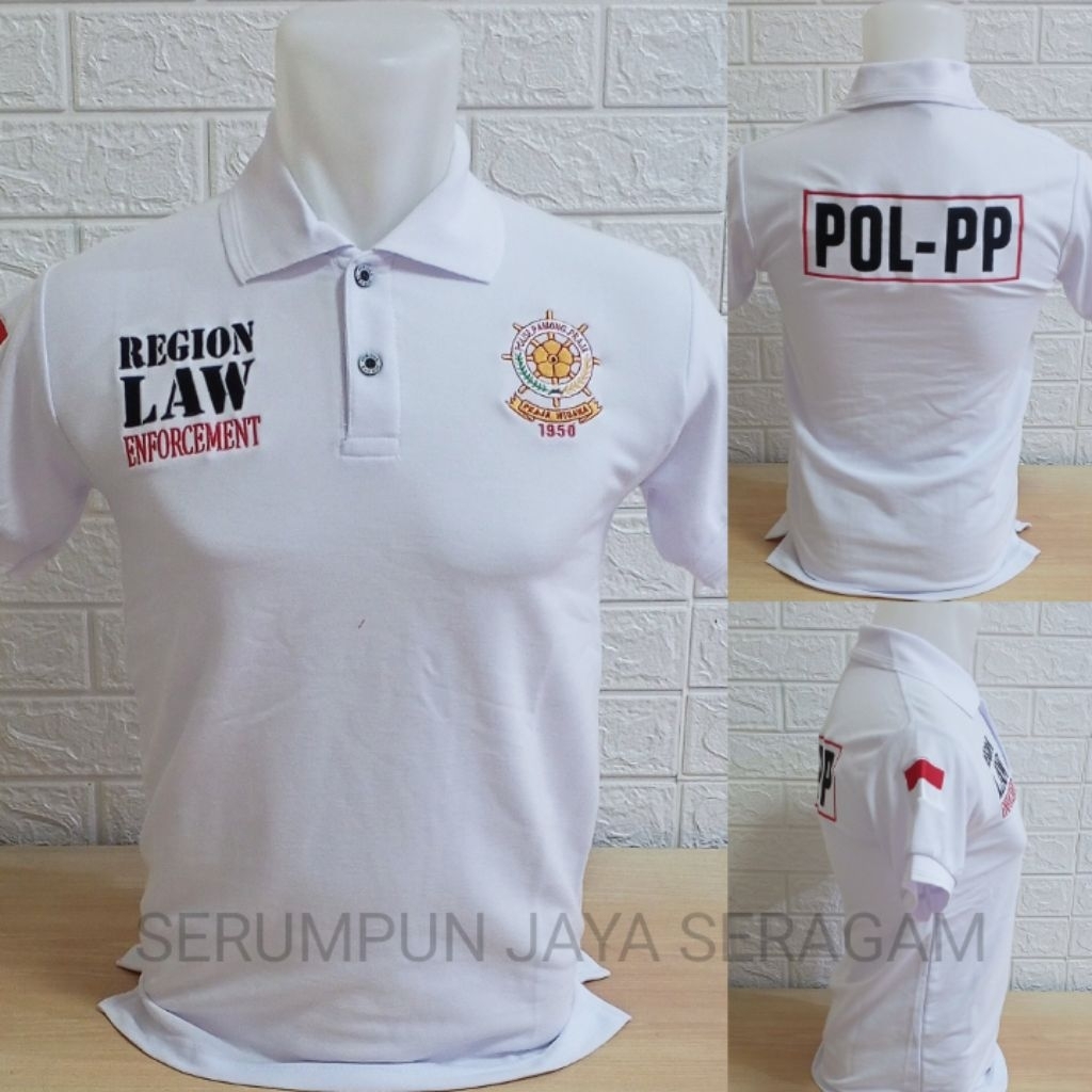 KAOS SATPOP PP PUTIH LENGAN PENDEK LOGO RODA FULL BORDIR - KAOS KERAH POL PP PUTIH BORDIR - KAOS SAT