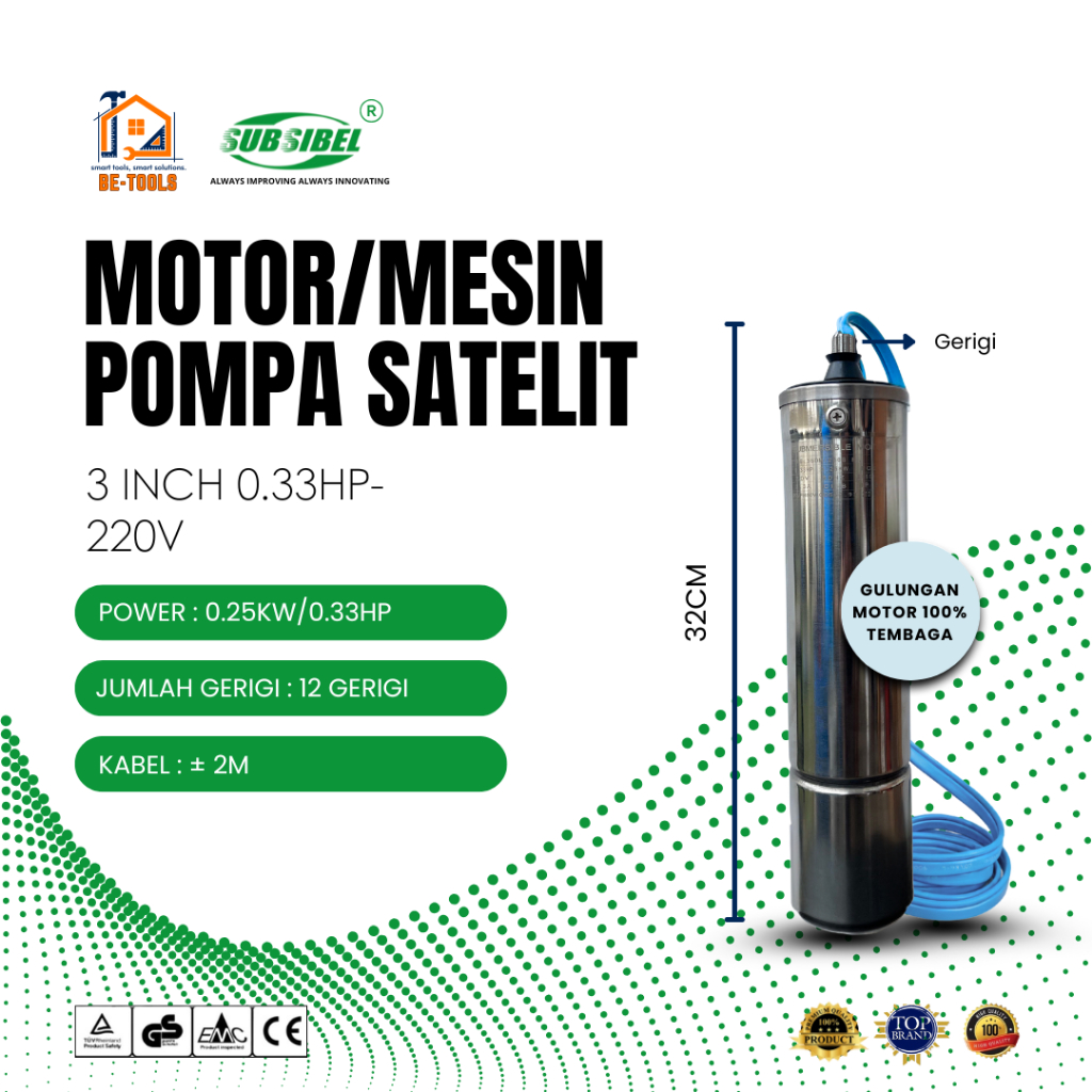 Motor/Mesin Only Pompa Air Satelit/Submersible 3 Inch 0.33 HP