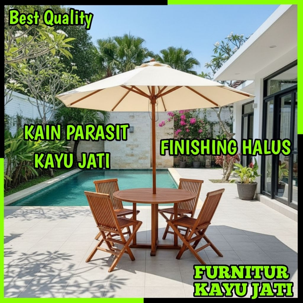 Set Meja Payung Cafe Outdoor Jati Tenda Payung Taman Resto Villa Pantai 4 Kursi Lipat Kayu Jati