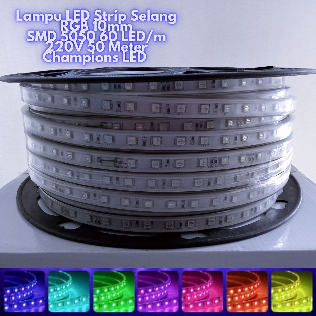 Lampu Selang LED Strip RGB SMD 5050 60 LED/m AC 220V 10mm 50 Meter