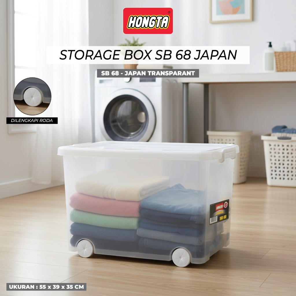 Box Pakaian Organizer Roda HONGTA SB 68 Bening - Kotak Penyimpanan Transparan Minimalis