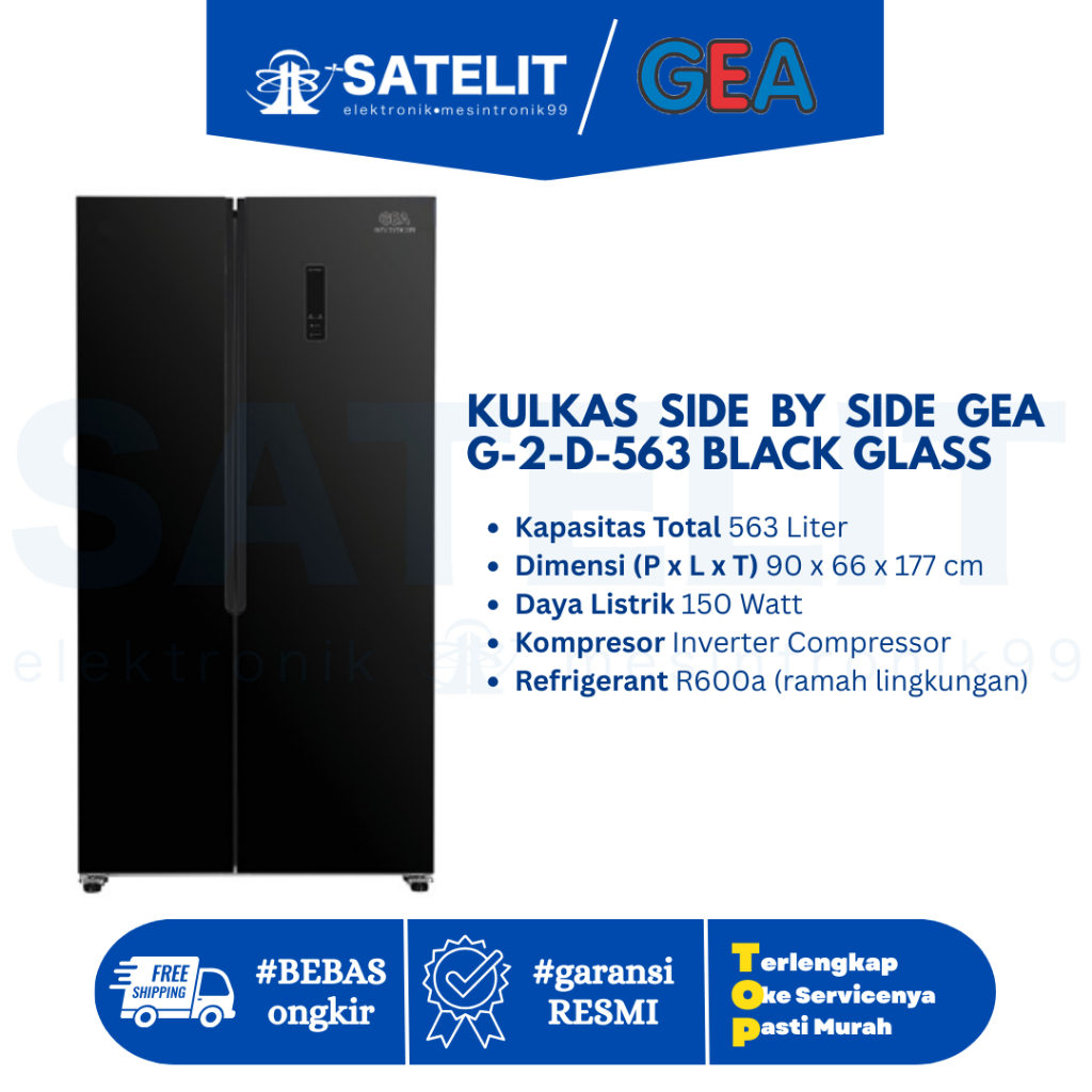 Kulkas Side by Side GEA G2D563 Black Glass – 563 Liter, Hemat Listrik, Freezer Luas, Elegan Modern