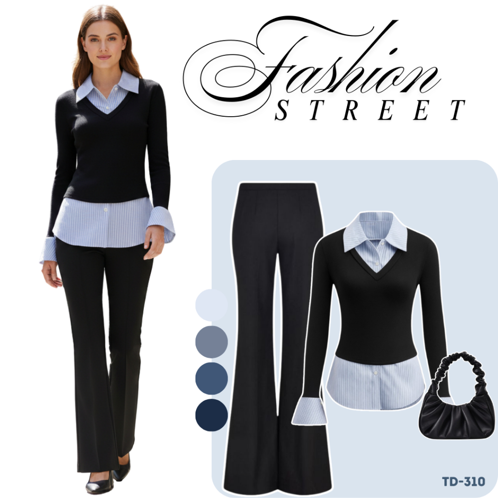 Setelan Wanita Kekinian 3in1 Dilengkapi Dengan [ Blouse Lengan Panjang + Celana Panjang + Shoulder B