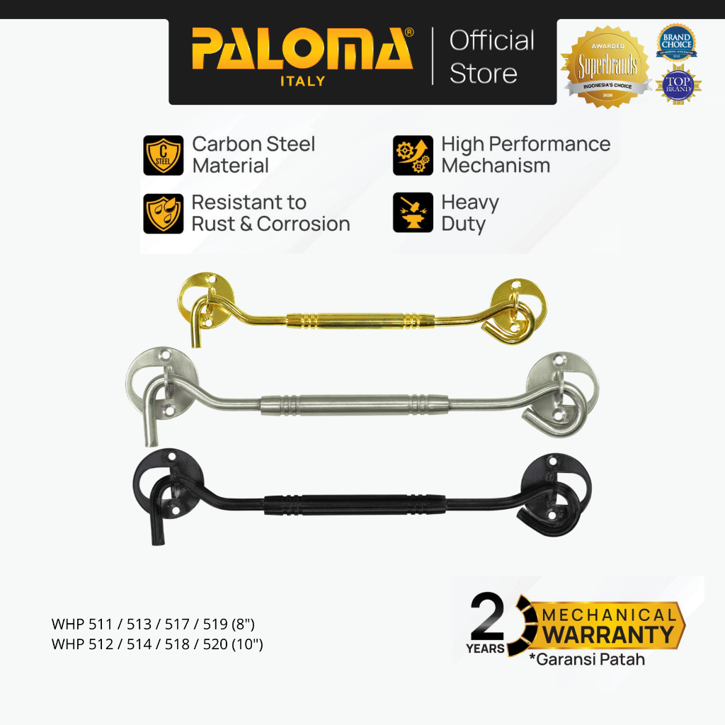PALOMA WHP Penahan Hak Angin Jendela Window Hook 8" 10" inch Steel Baja Gold Emas Satin Silver Antiq