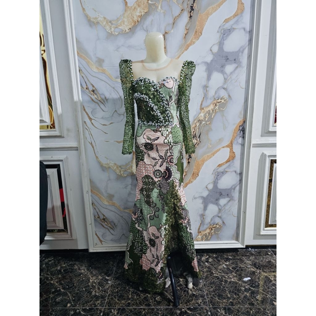 gaun batik hijau kombinasi size M-L