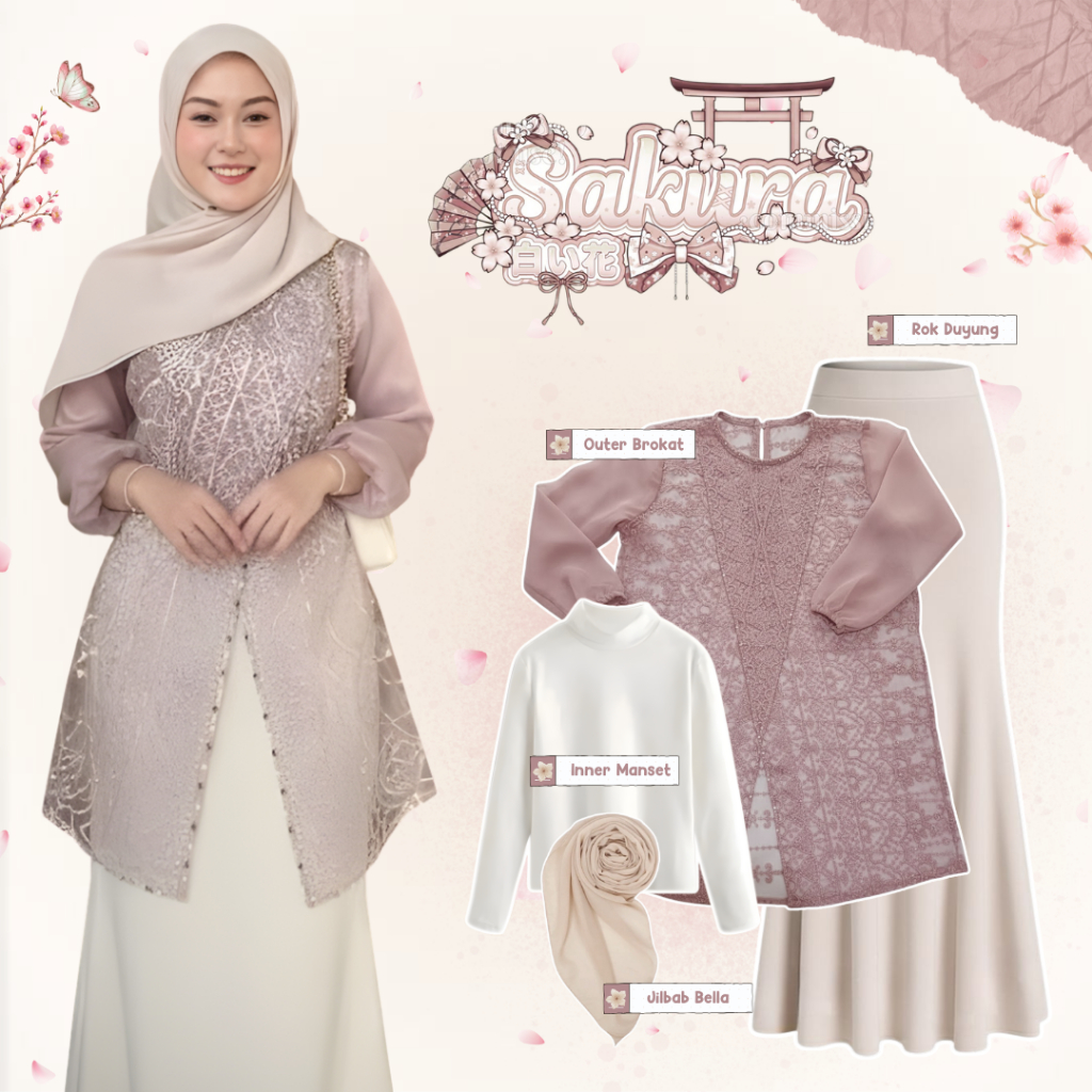 One Set Wanita Kekinian (Outer Brokat, Inner, Rok Duyung, Jilbab Bella) Outfit Lebaran Viral - LW74