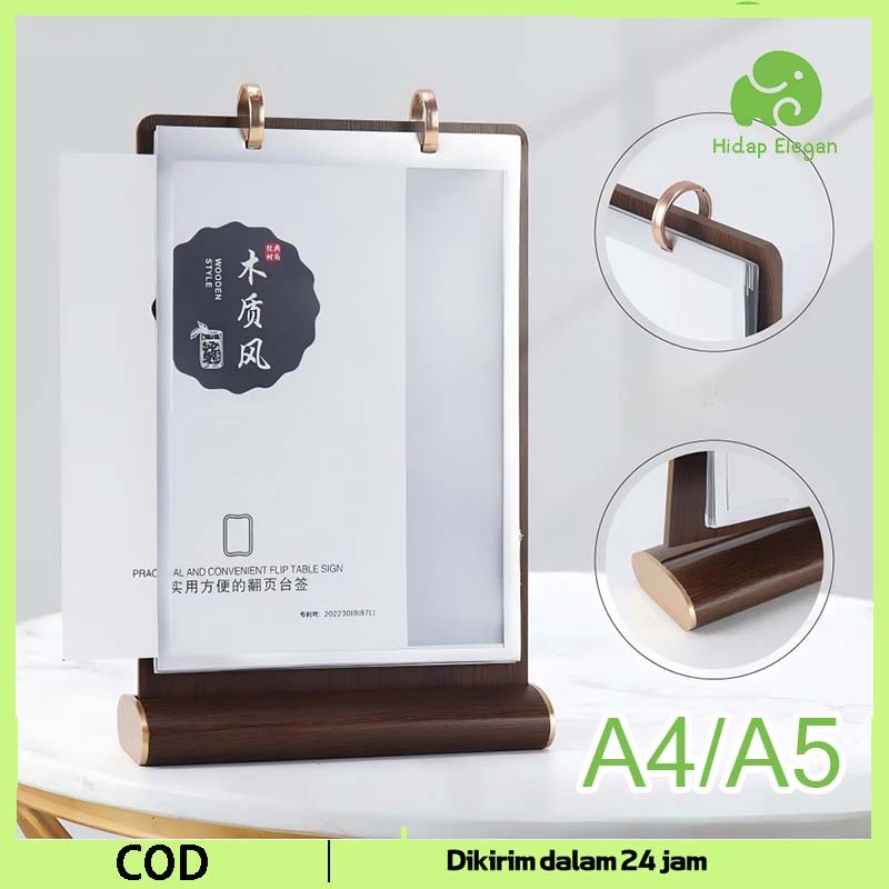 Stand Gantungan Menu Kayu A4/A5 Tampilan Dua Sisi Menu Holder Kayu Restoran Hotel Standing Menu Kayu